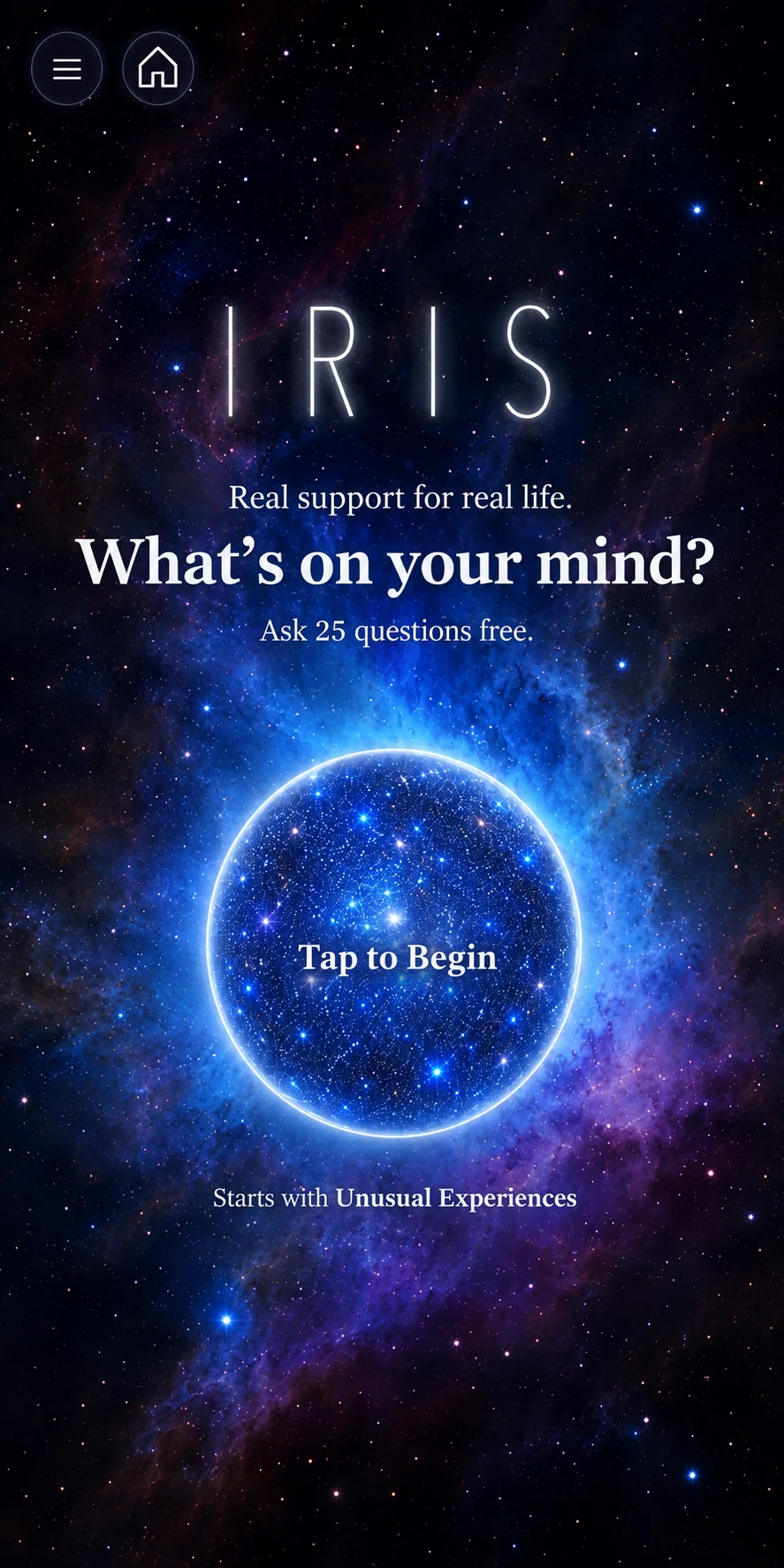 Iris app home screen with a luminous blue orb against a nebula and the words What’s on your mind?